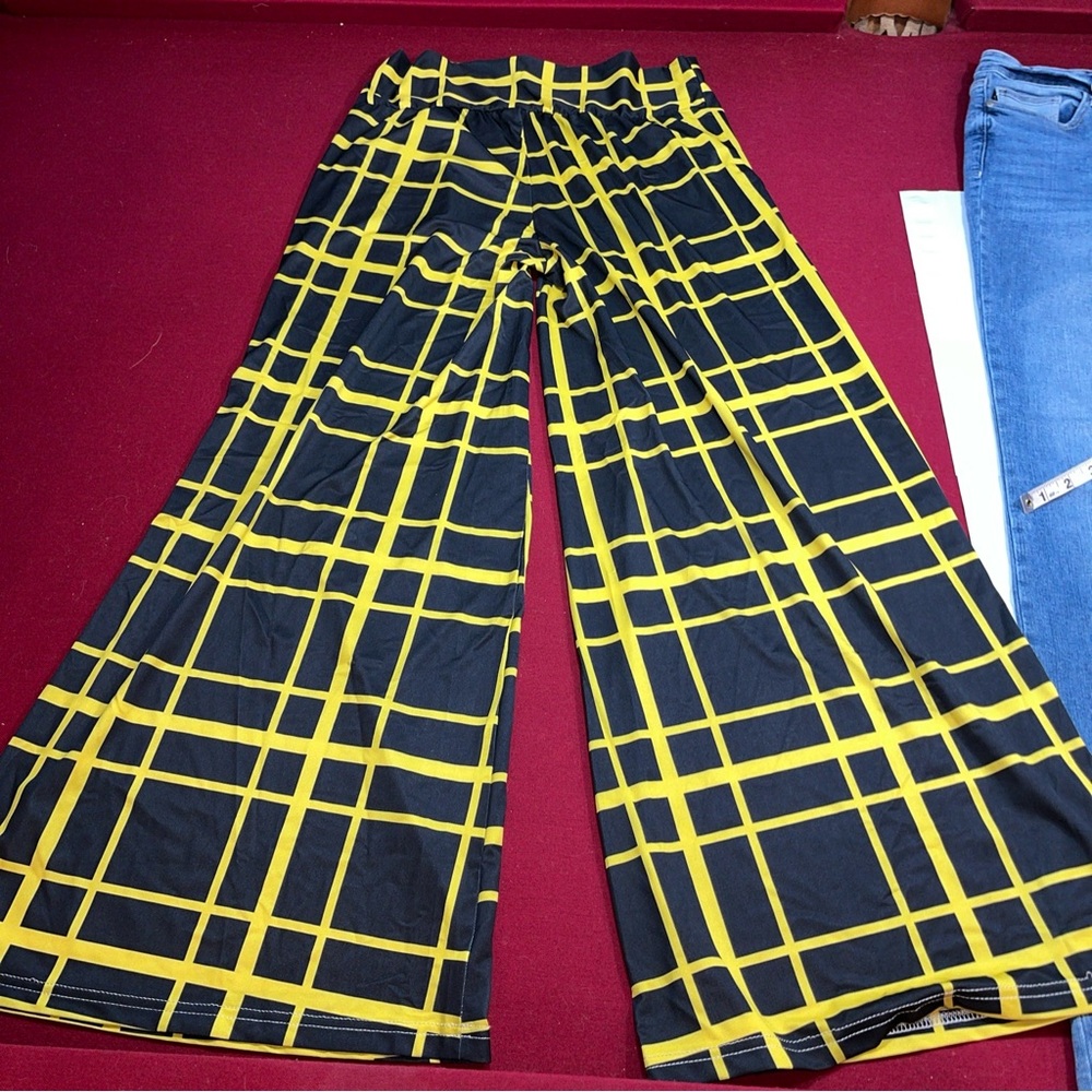 NEW 1XL Bon Apple Tea YELLOW PLAID black Wide Leg Pants Slinky Stretchy Pull On